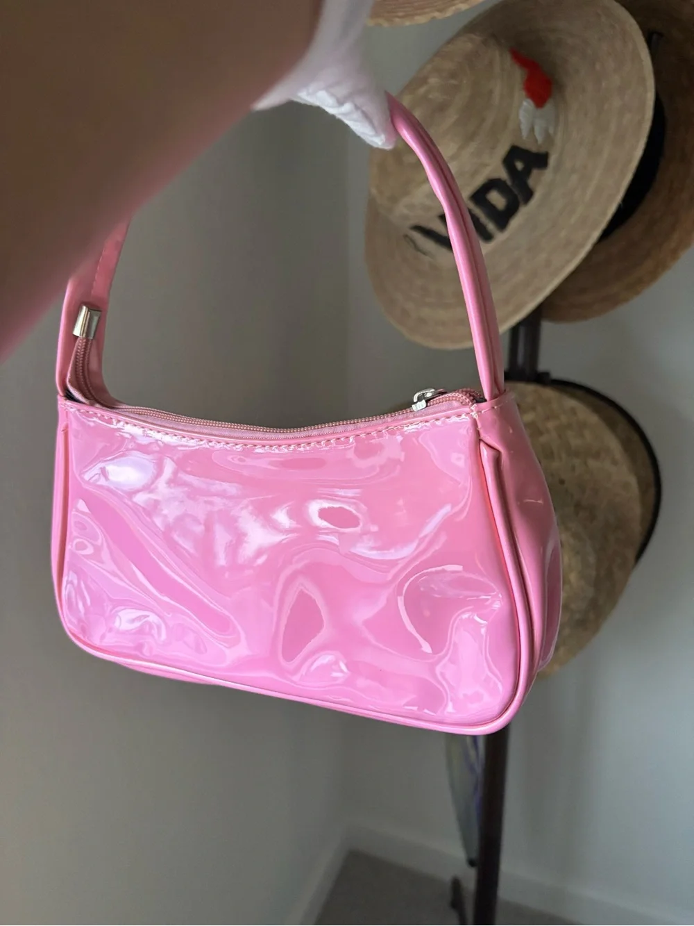 Y2K Pink Patent Shoulder Bag w/ Kawaii Charm Baguette Purse Cute Glossy